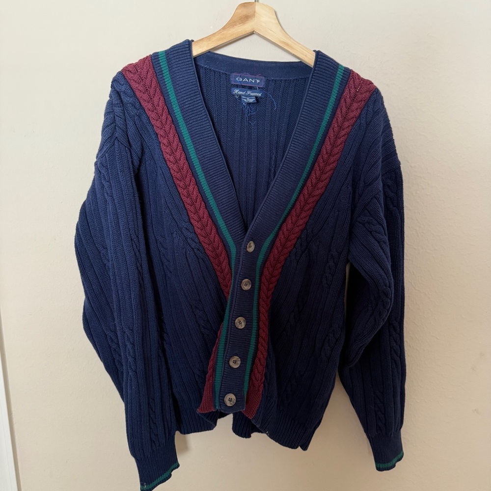 Gant Vtg Cardigan Men’s L  Navy Blue/maroon/green Button Pockets Grandpa Sweater